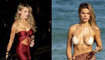 Brooks Nader in a tight red dress and in a bikini top at the beach